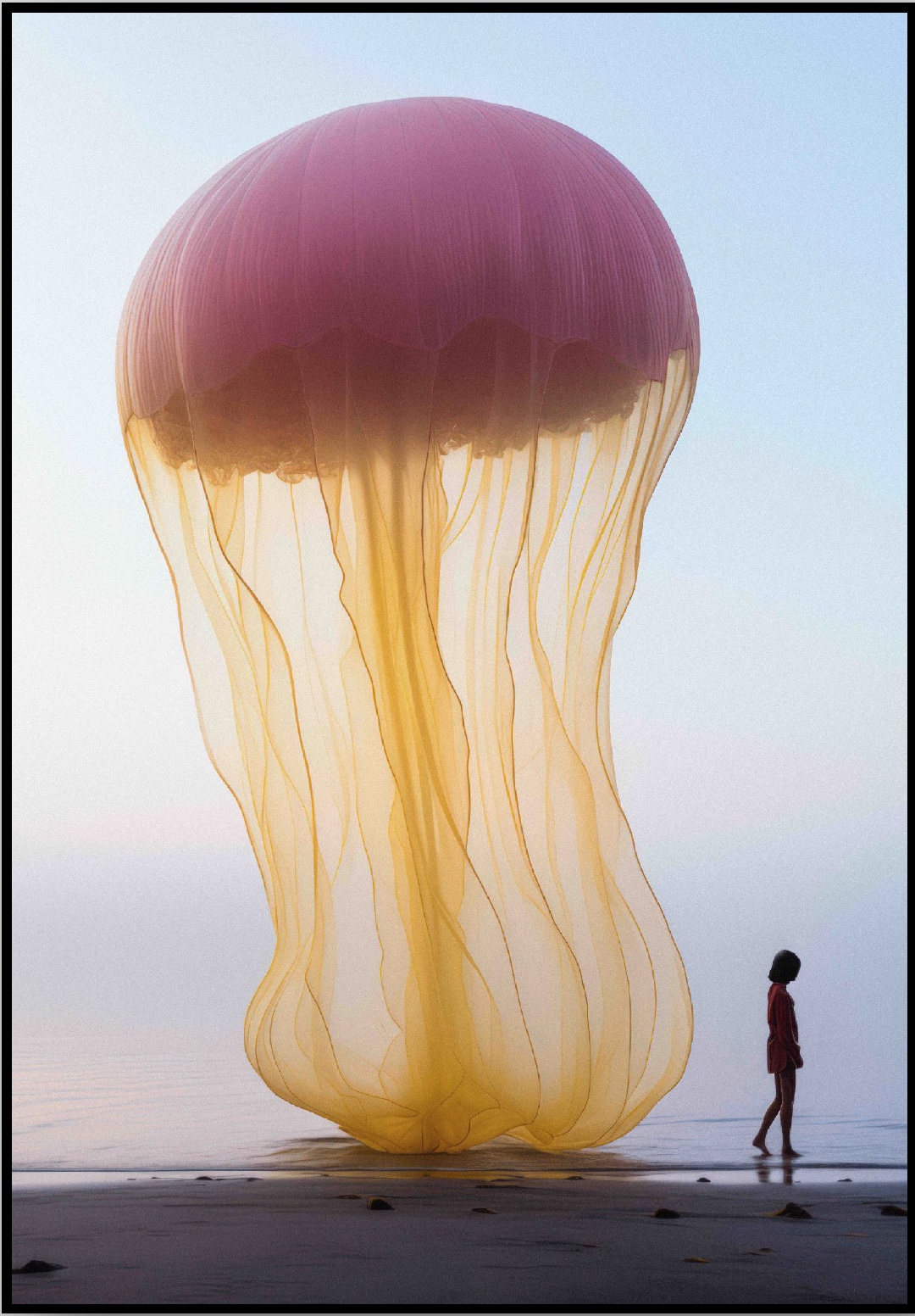 Imagine... ...a huge yellow jellyfish accompanies a beautiful woman on the beach