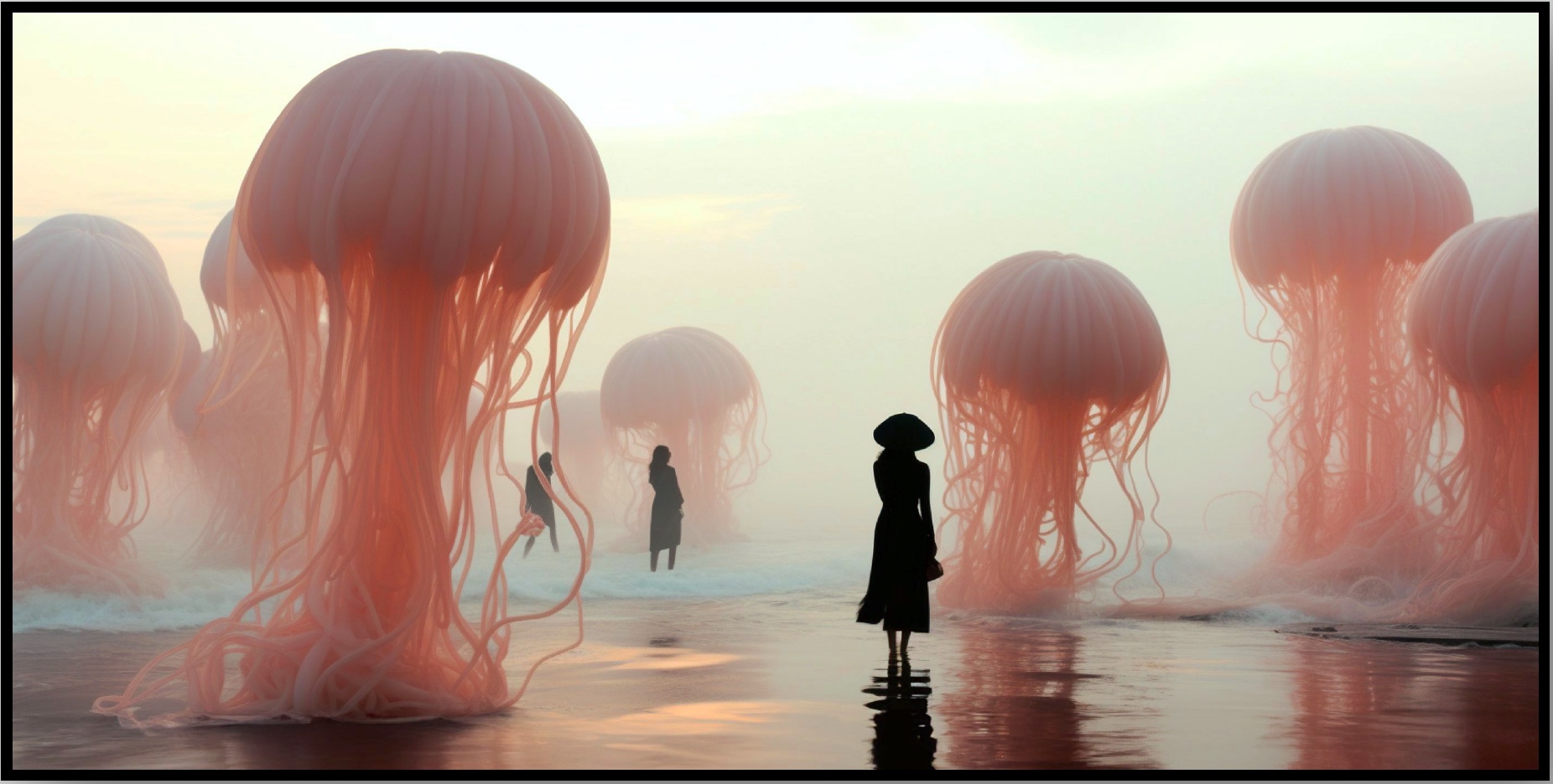 Imagine... ...a herd of pink jellyfish are playing on the beach and being watched by a few people
