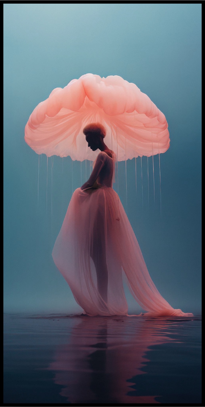 Imagine... ...a woman with a futuristic umbrella made of luminous translucent jellyfish